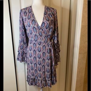 Scoop NYC Blue Paisley Ruffle Wrap Dress